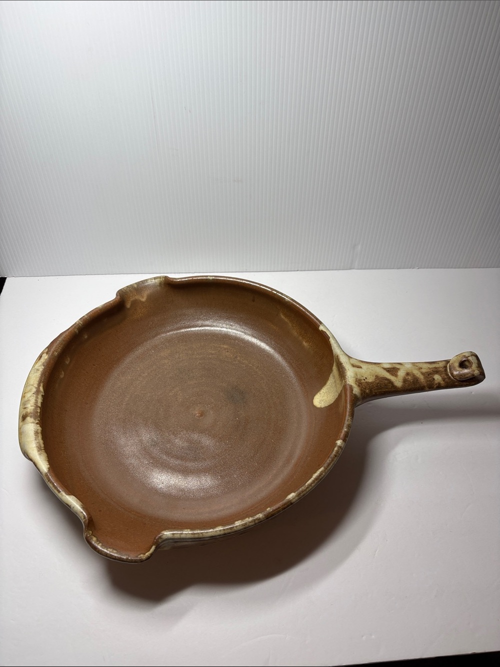 Hand Crafted Brown and Cream Pottery Skillet with Pour Spouts
